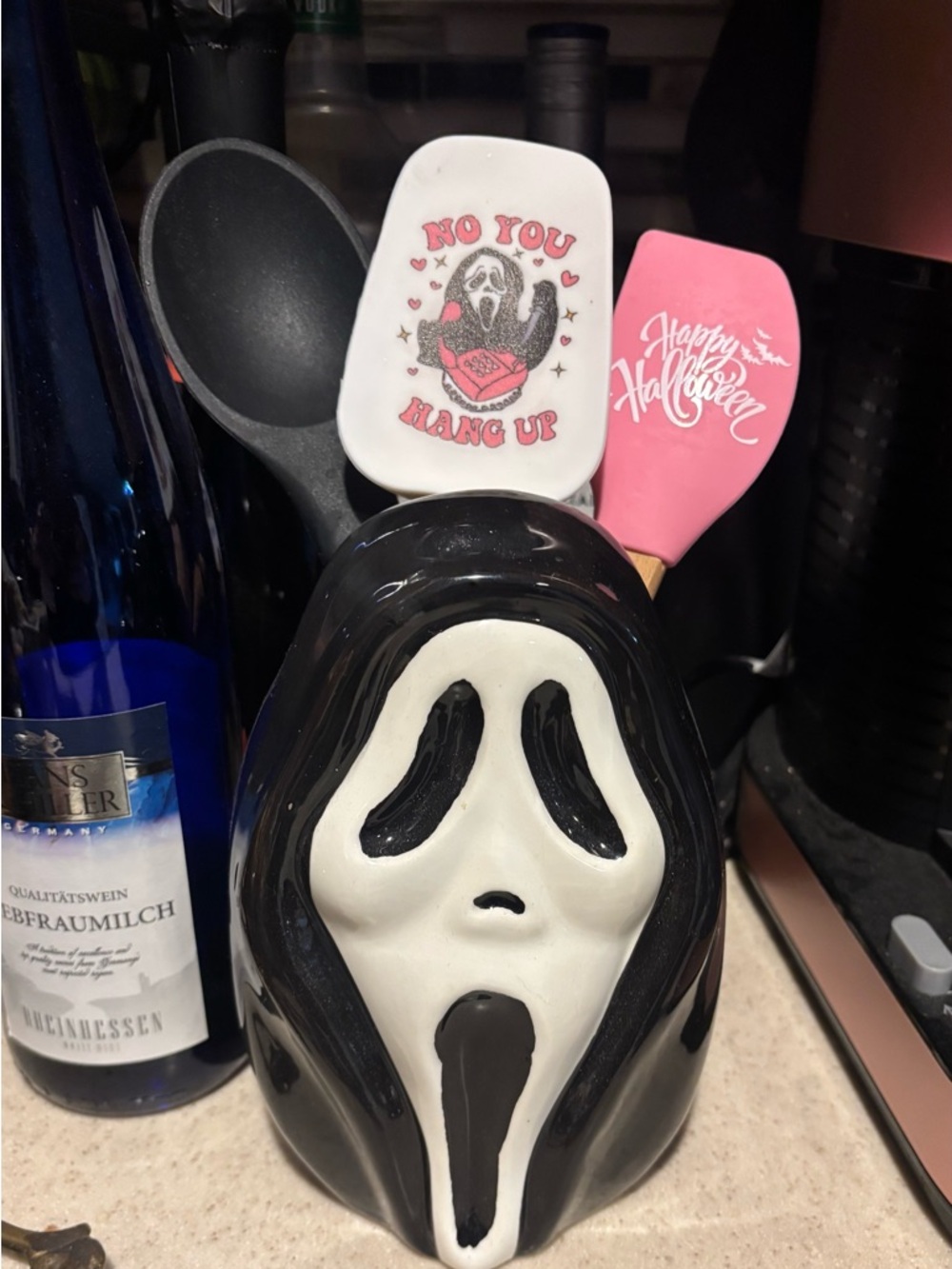 Ghost face Goth Halloween Kitchen 4 piece Spatula Set and Ceramic Holder NWOT